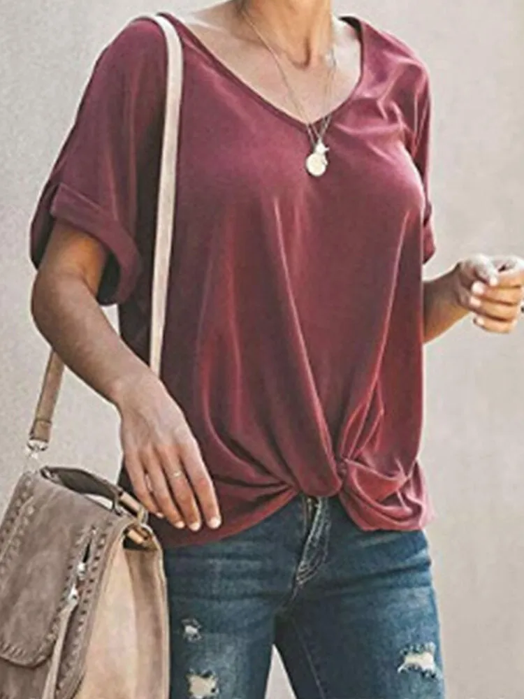Women Casual Solid Color O-neck Short Sleeve Knot Blouse