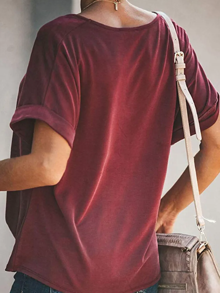 Women Casual Solid Color O-neck Short Sleeve Knot Blouse