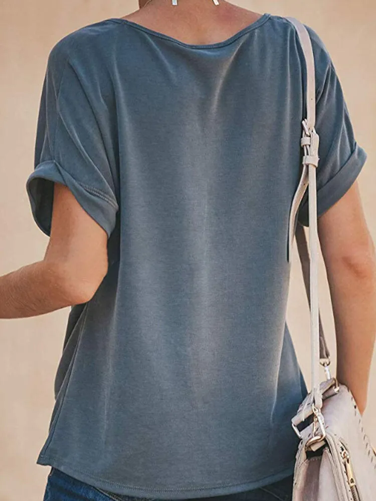 Women Casual Solid Color O-neck Short Sleeve Knot Blouse