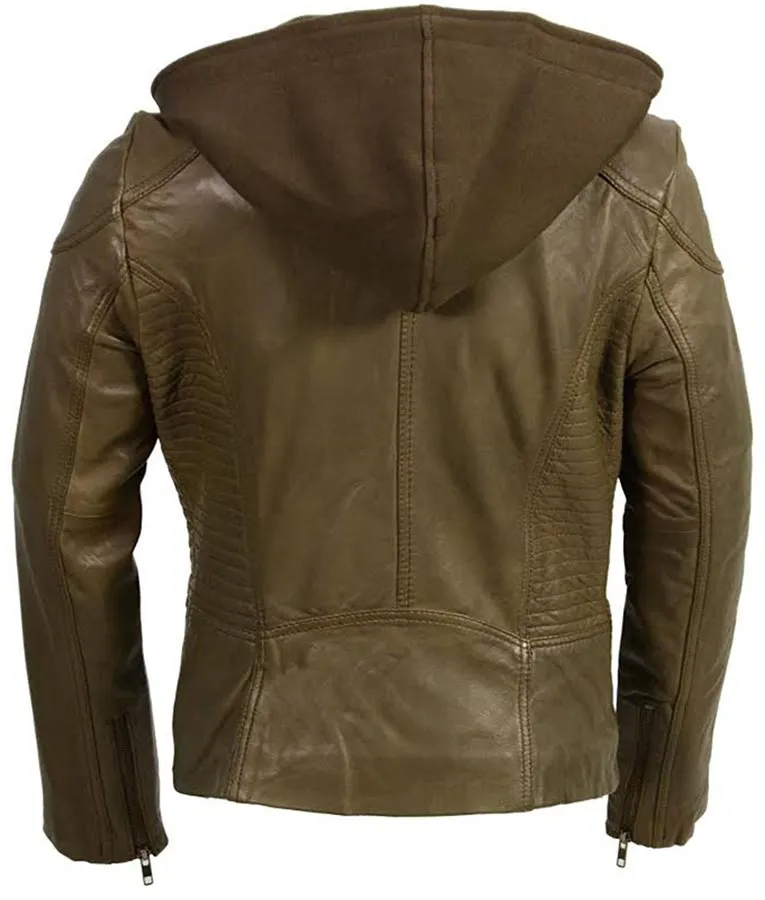 Womens Hooded Motorcycle Olive Leather Jacket