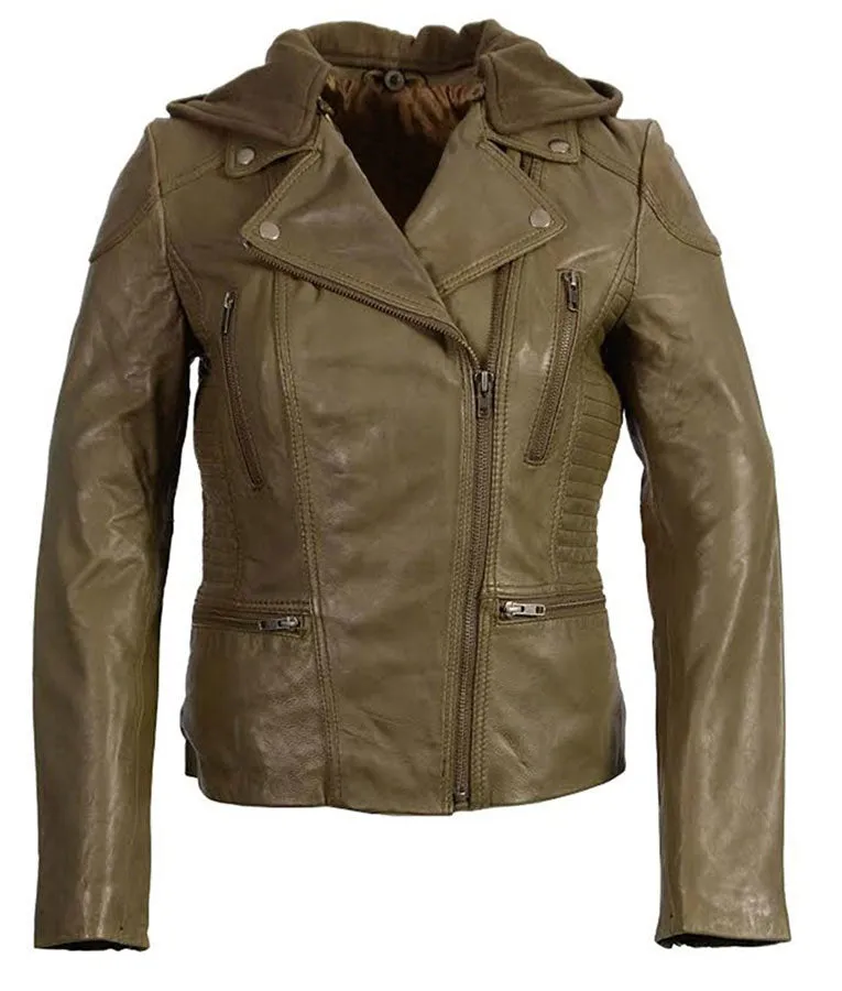 Womens Hooded Motorcycle Olive Leather Jacket