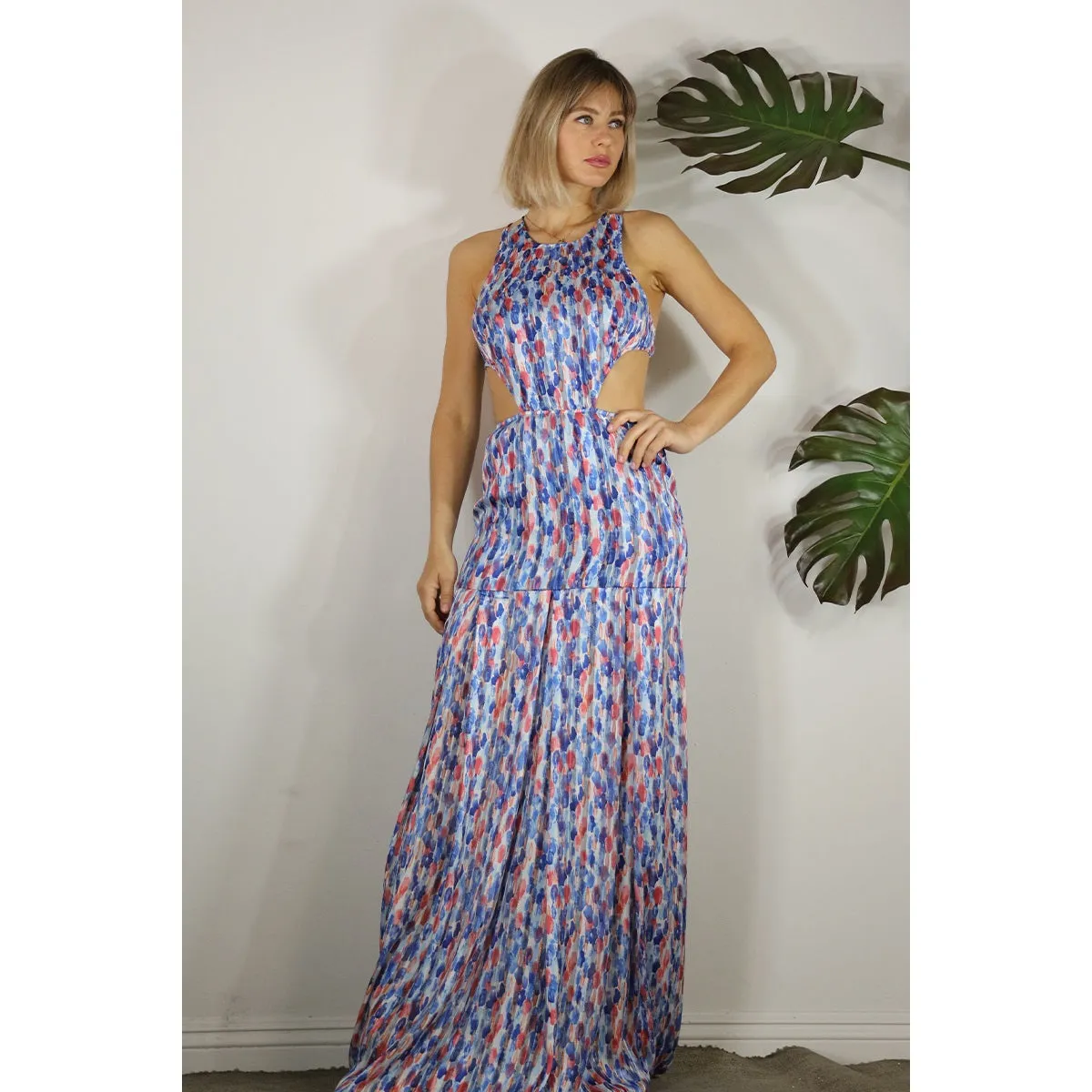 Women's Mulla Drop Print Back Open Maxi Dress in multi-blue pattern