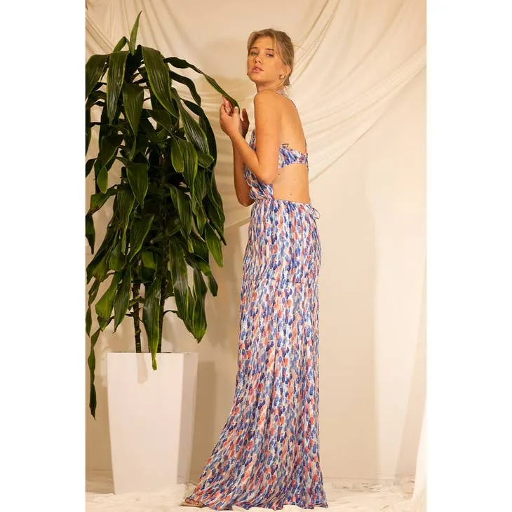 Women's Mulla Drop Print Back Open Maxi Dress in multi-blue pattern