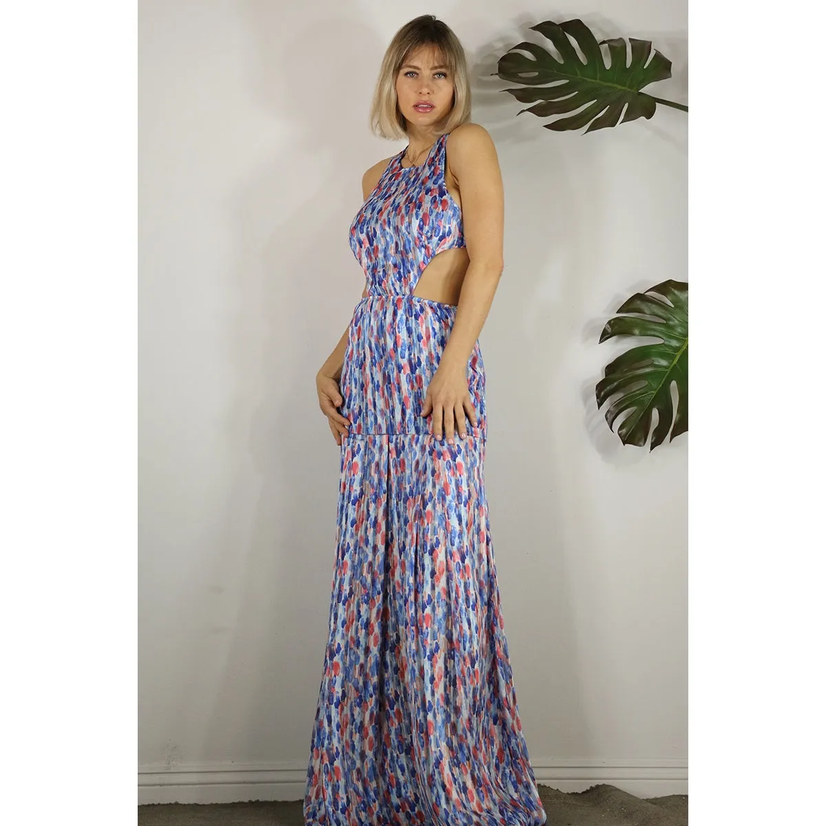 Women's Mulla Drop Print Back Open Maxi Dress in multi-blue pattern