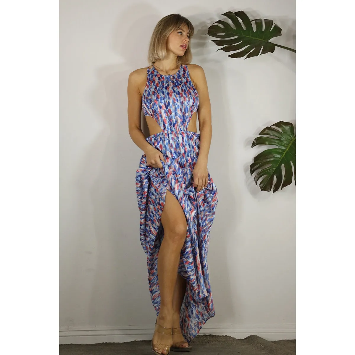 Women's Mulla Drop Print Back Open Maxi Dress in multi-blue pattern