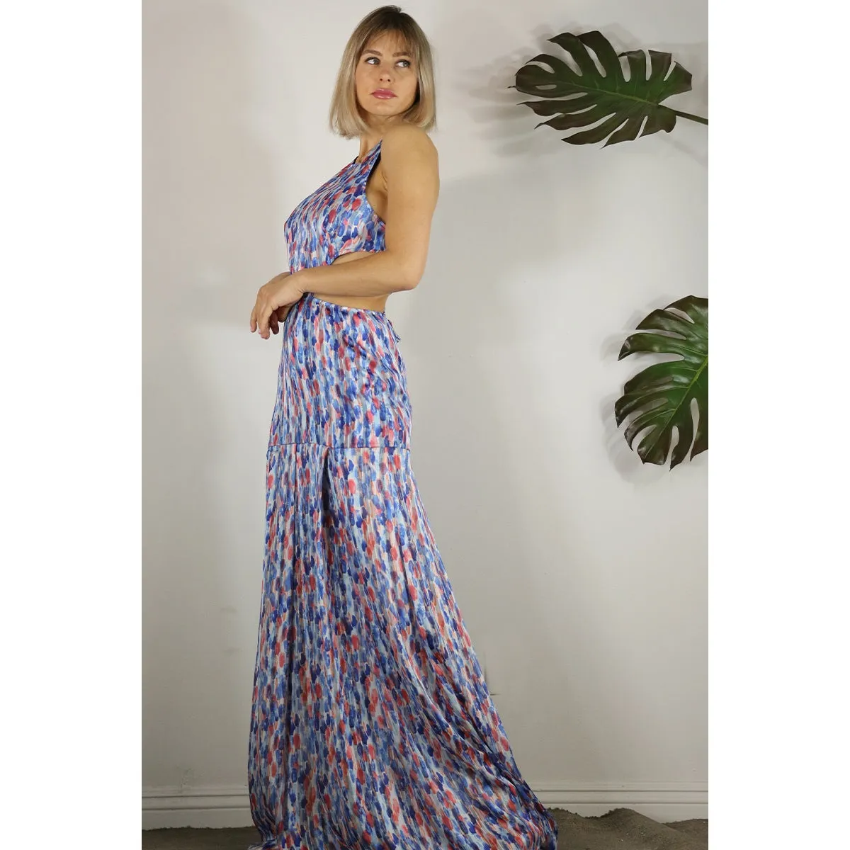 Women's Mulla Drop Print Back Open Maxi Dress in multi-blue pattern
