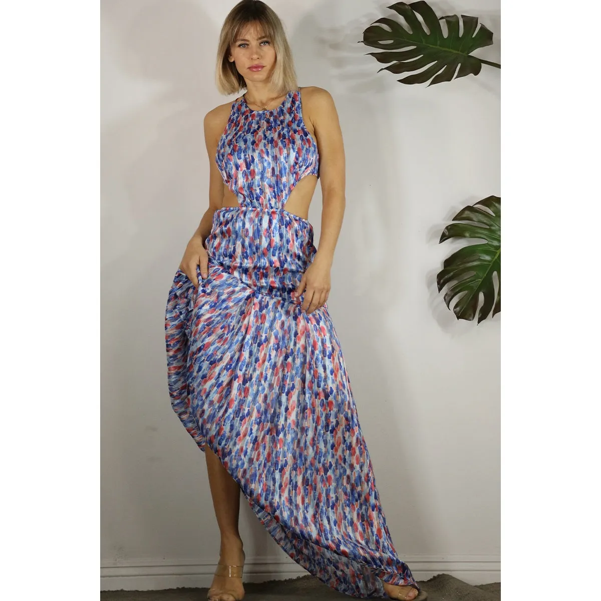 Women's Mulla Drop Print Back Open Maxi Dress in multi-blue pattern