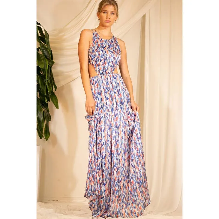 Women's Mulla Drop Print Back Open Maxi Dress in multi-blue pattern