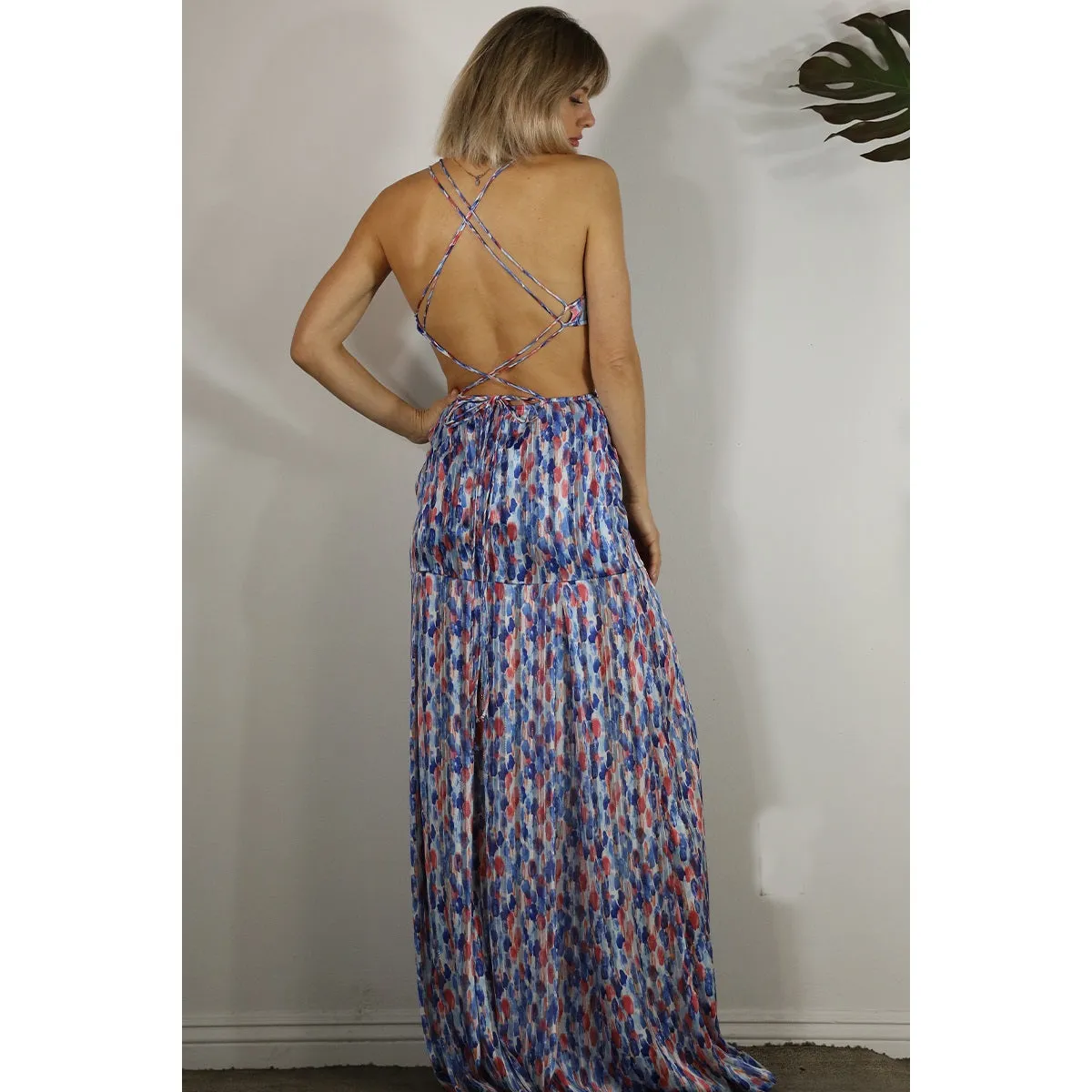 Women's Mulla Drop Print Back Open Maxi Dress in multi-blue pattern
