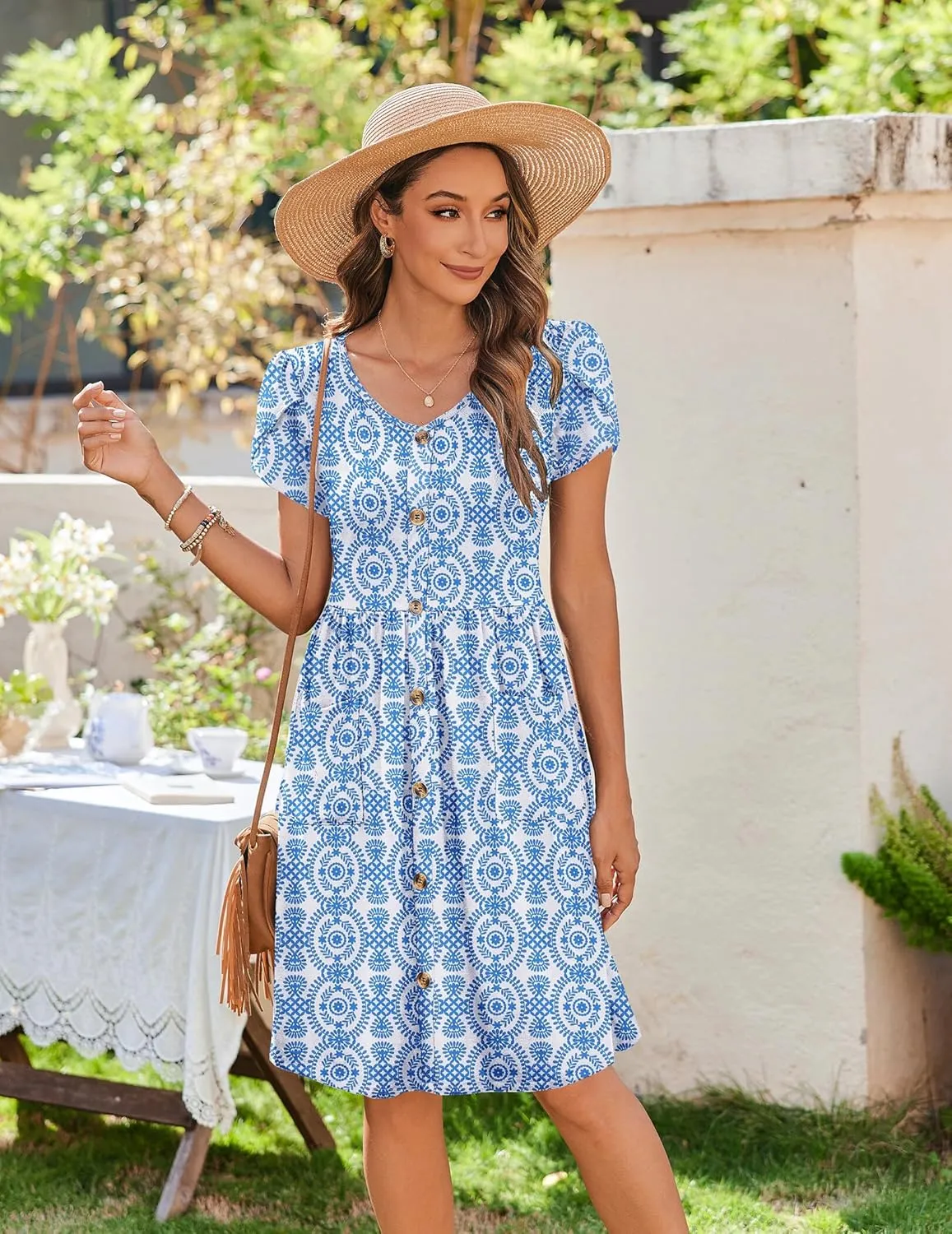 Zeagoo Womens Floral Pleated Button Down Petal Mini Dress
