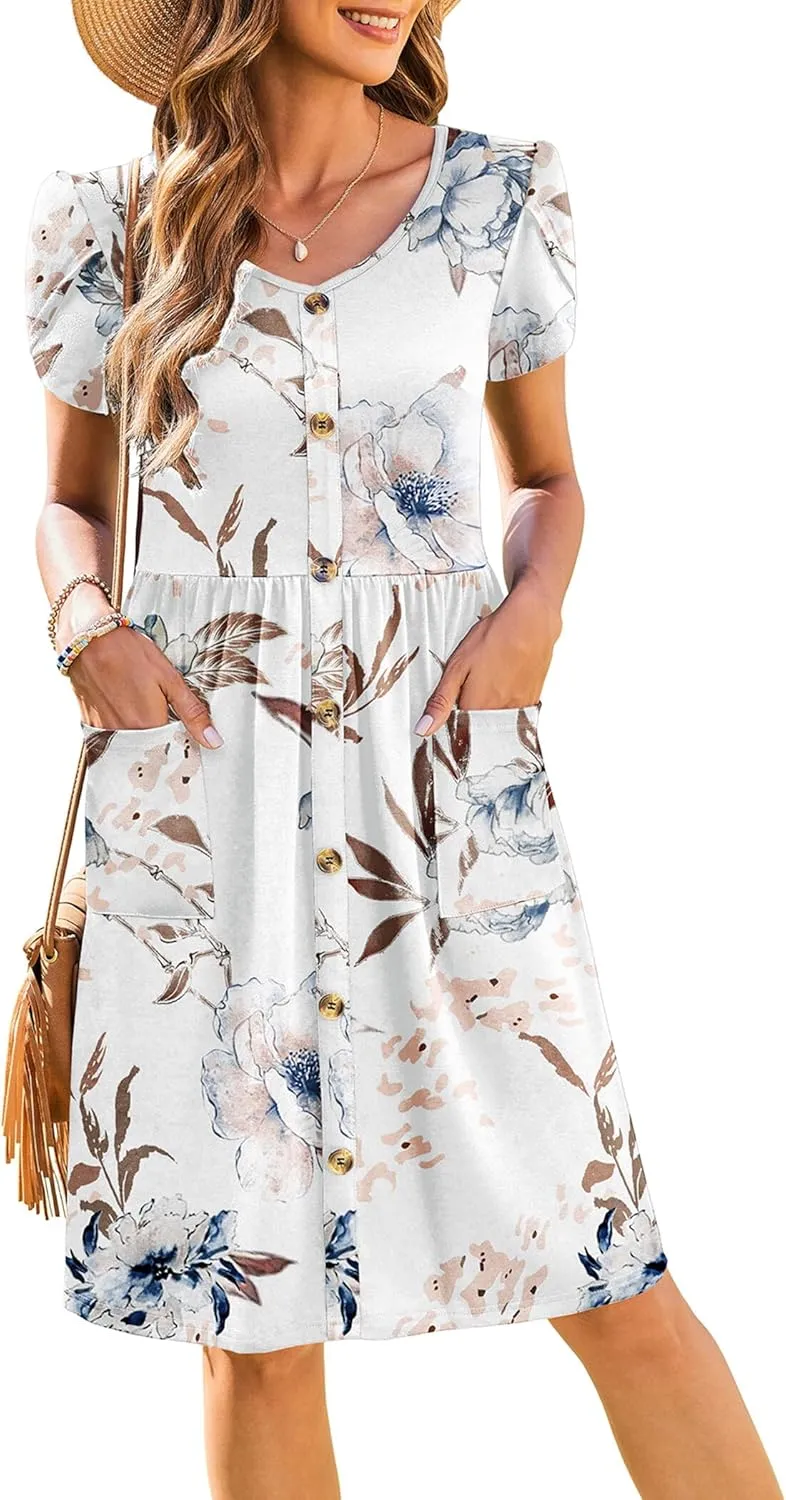 Zeagoo Womens Floral Pleated Button Down Petal Mini Dress
