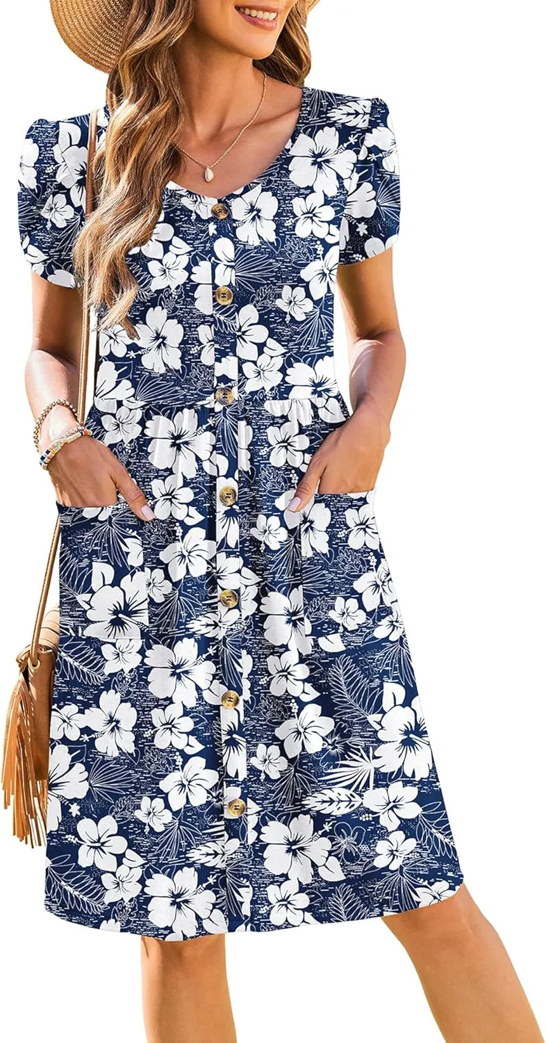 Zeagoo Womens Floral Pleated Button Down Petal Mini Dress
