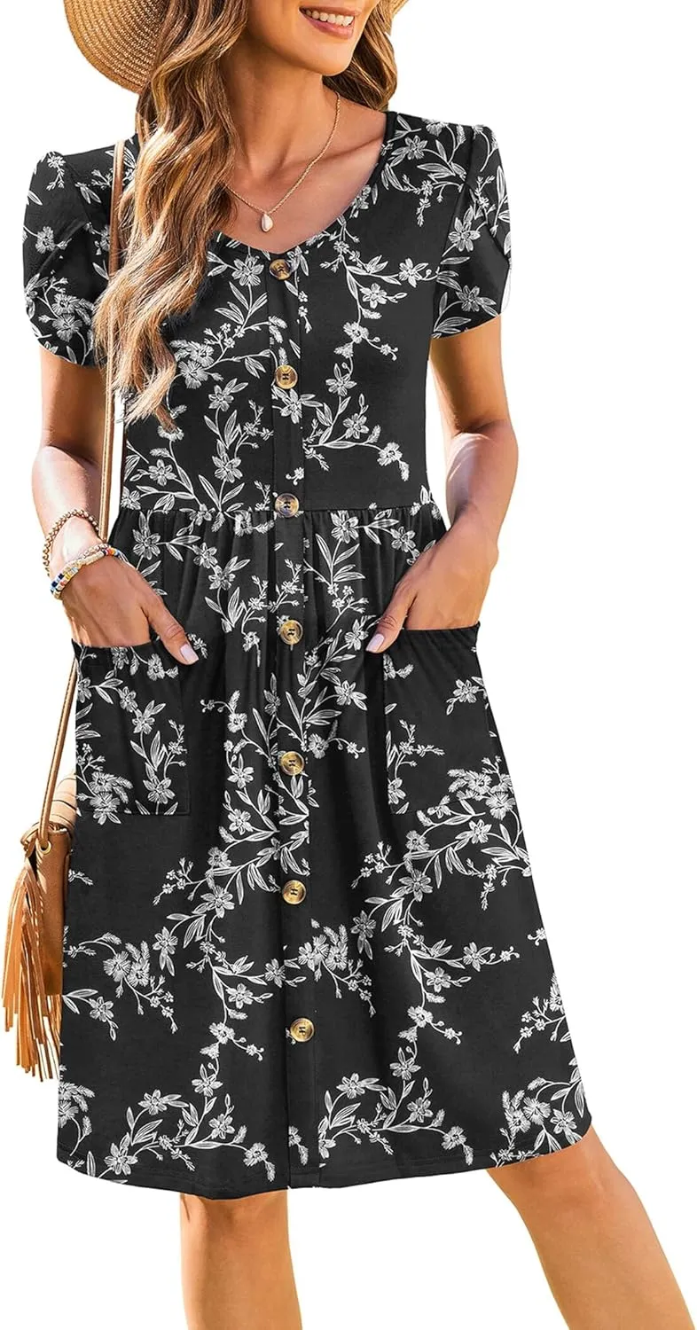 Zeagoo Womens Floral Pleated Button Down Petal Mini Dress