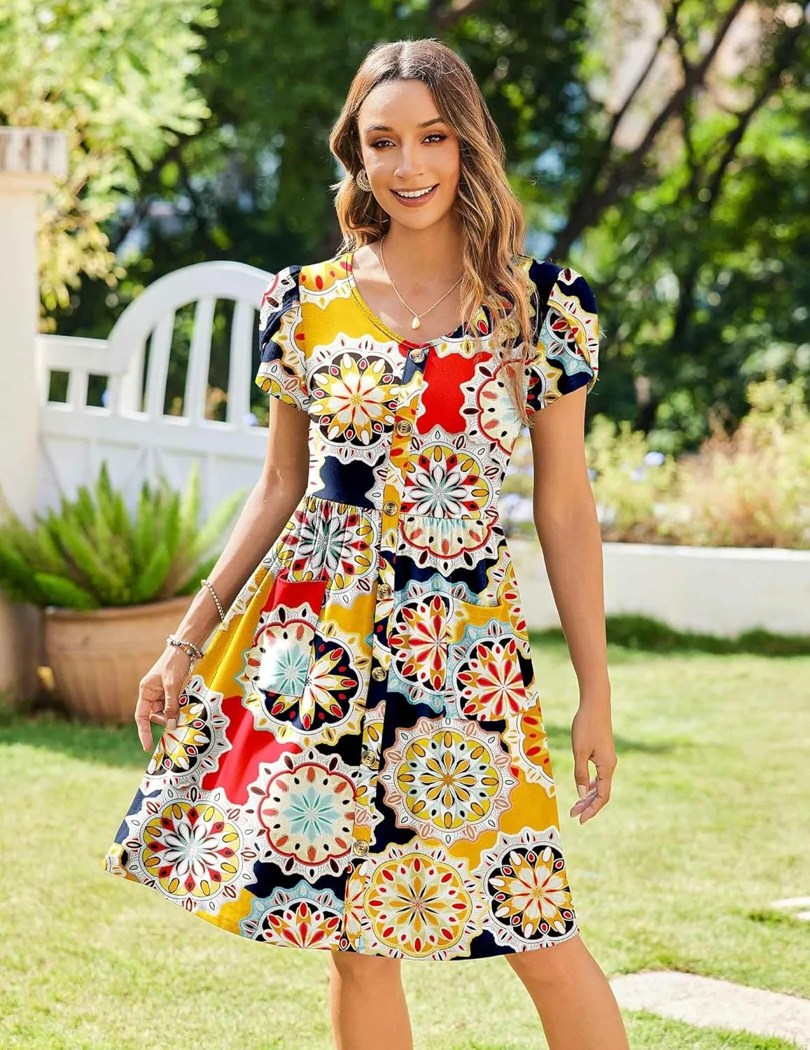 Zeagoo Womens Floral Pleated Button Down Petal Mini Dress