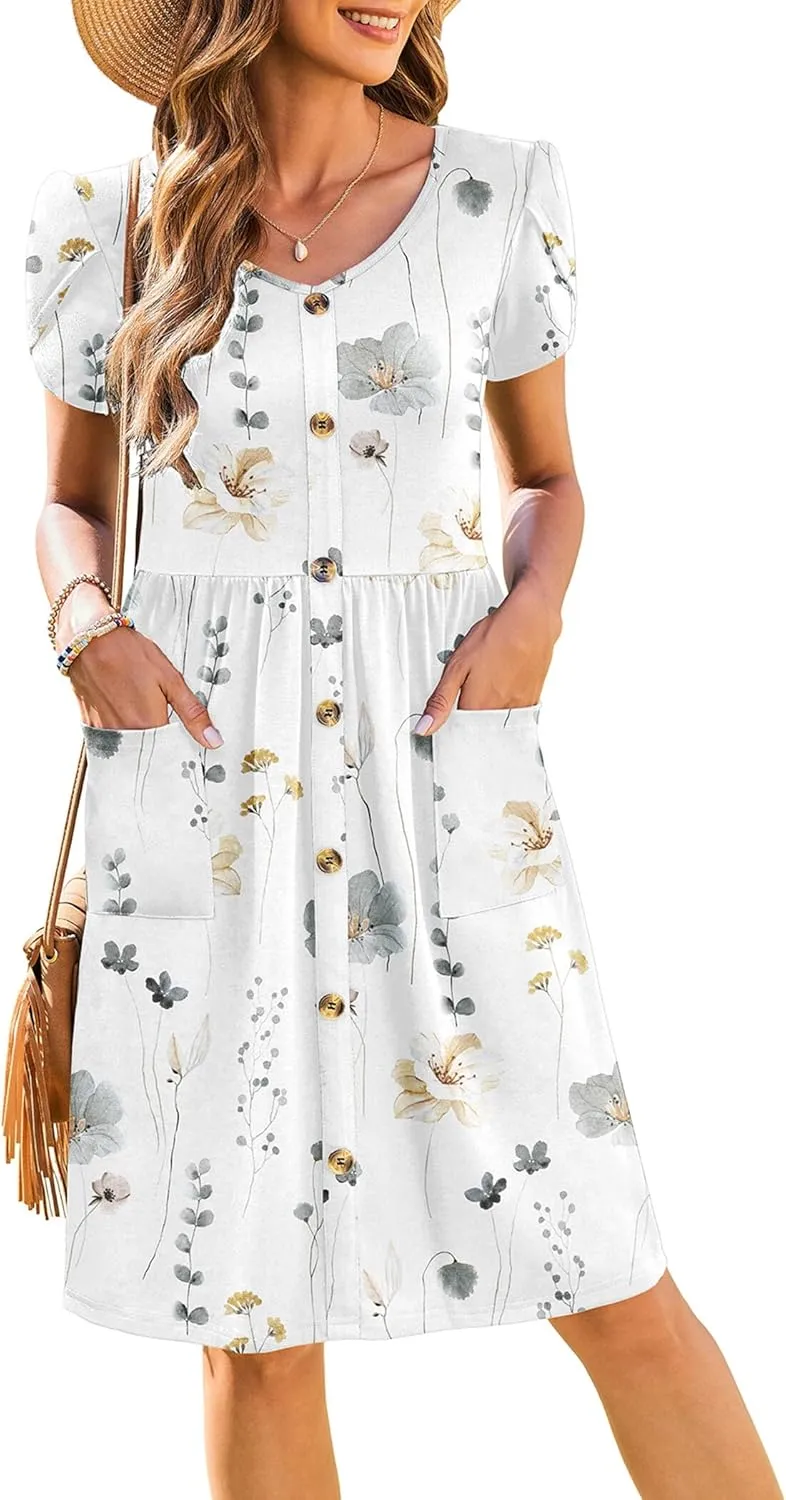 Zeagoo Womens Floral Pleated Button Down Petal Mini Dress
