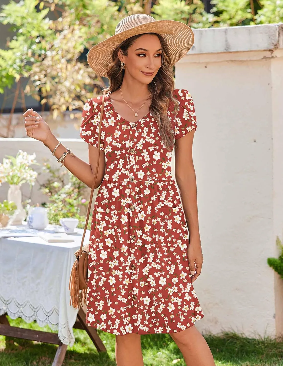 Zeagoo Womens Floral Pleated Button Down Petal Mini Dress