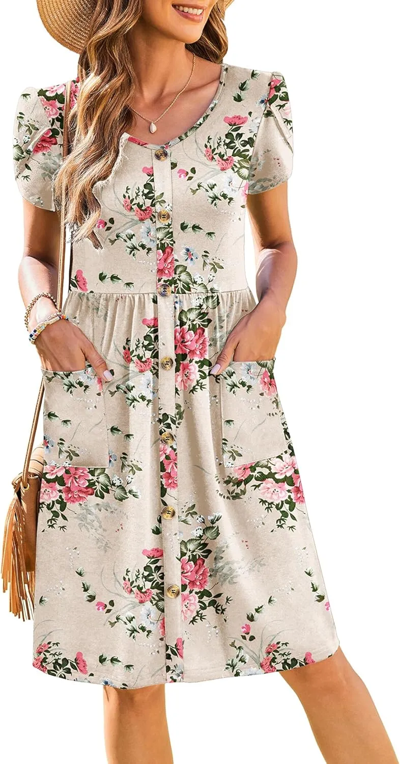 Zeagoo Womens Floral Pleated Button Down Petal Mini Dress
