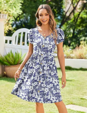 Zeagoo Womens Floral Pleated Button Down Petal Mini Dress