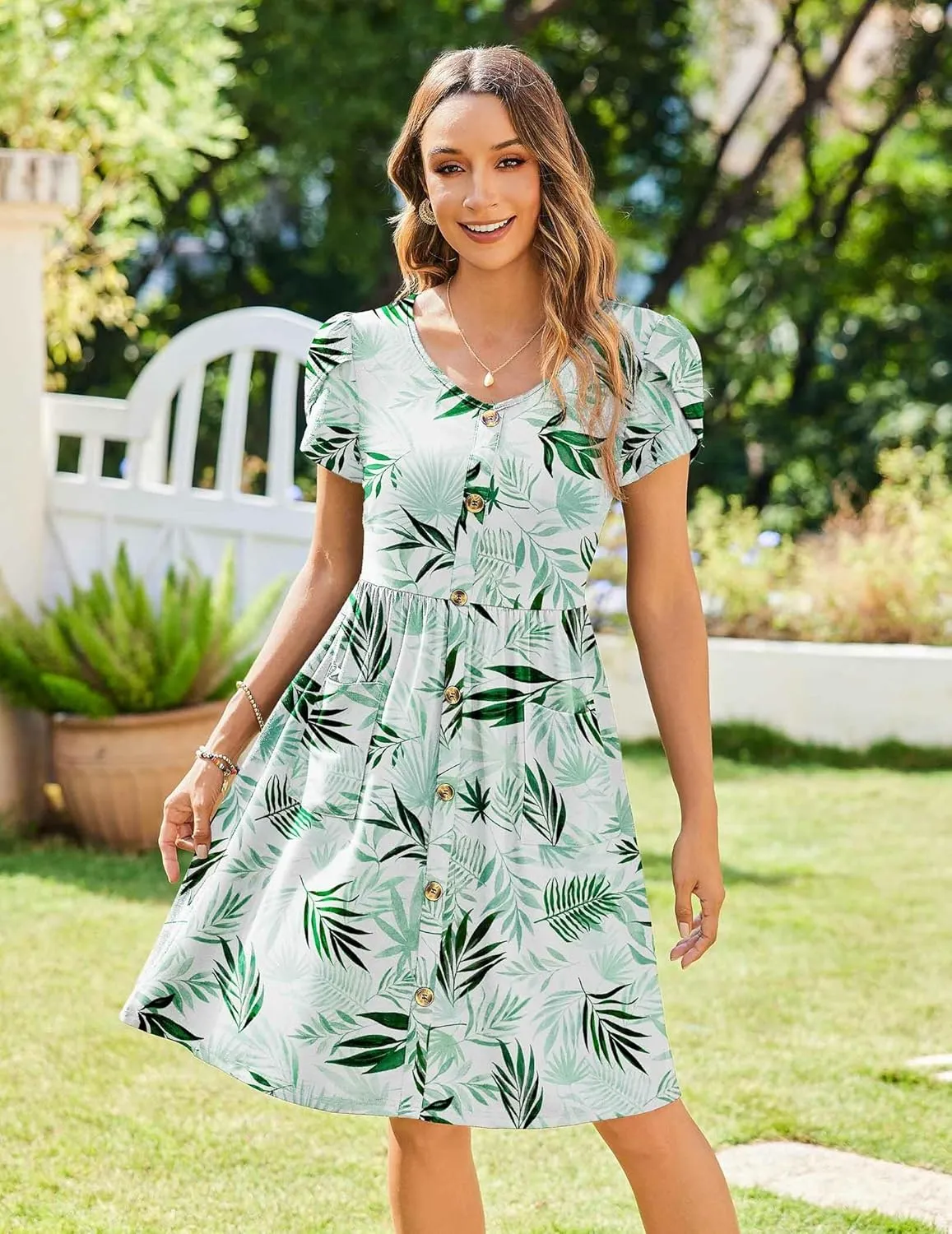 Zeagoo Womens Floral Pleated Button Down Petal Mini Dress
