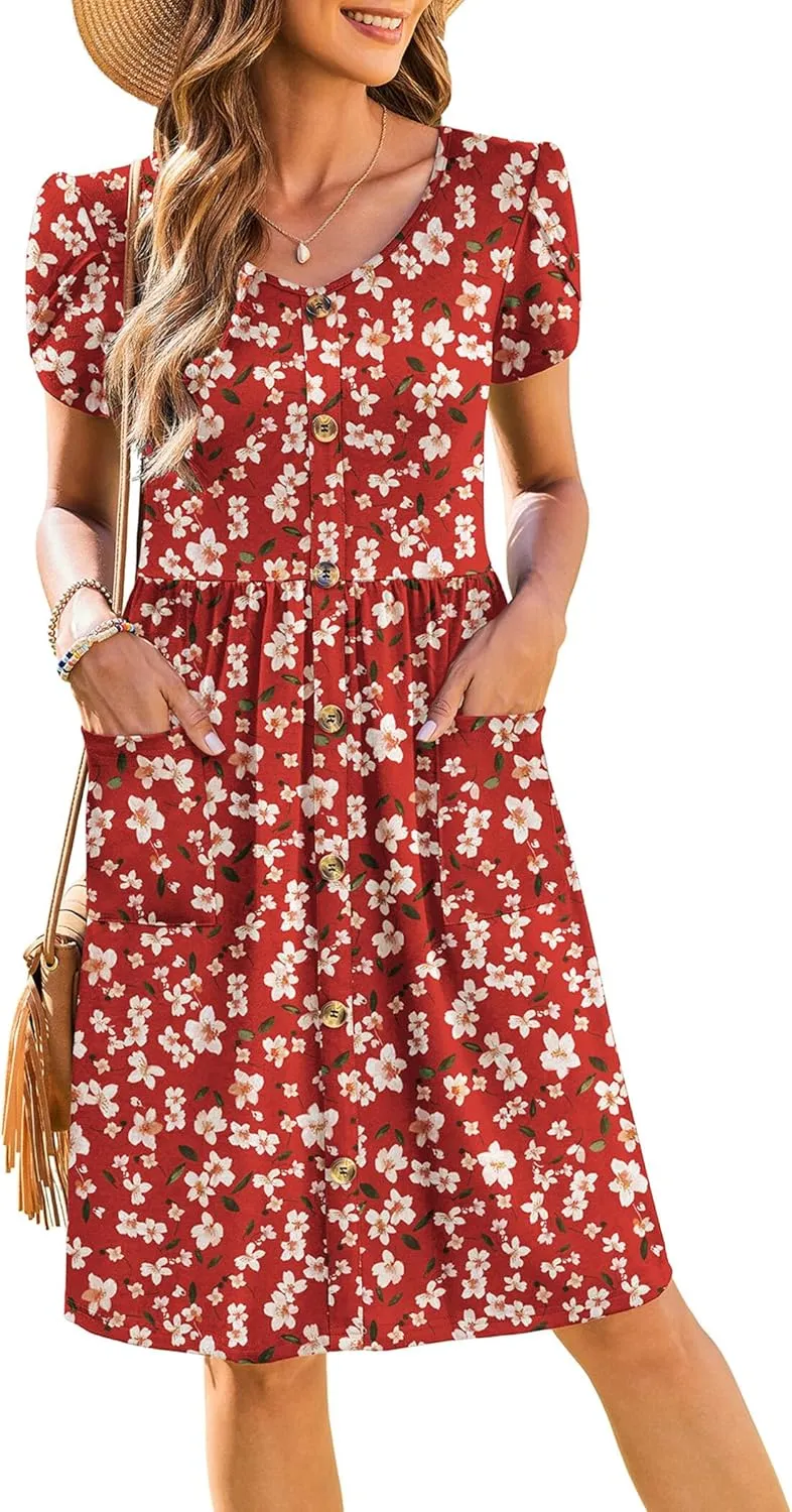 Zeagoo Womens Floral Pleated Button Down Petal Mini Dress