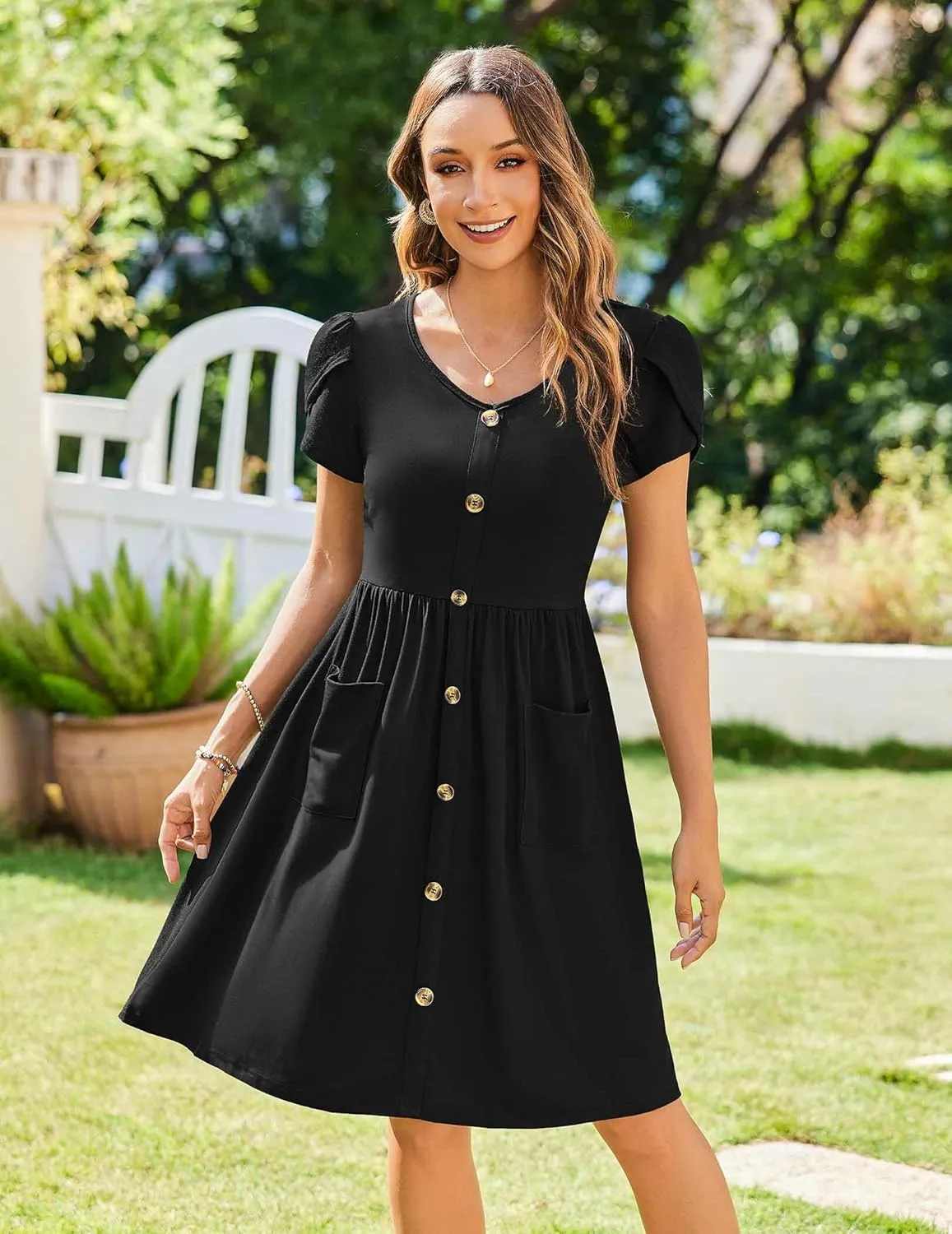 Zeagoo Womens Floral Pleated Button Down Petal Mini Dress