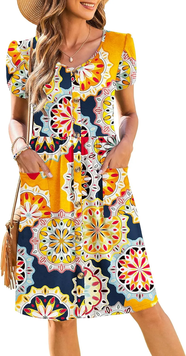 Zeagoo Womens Floral Pleated Button Down Petal Mini Dress