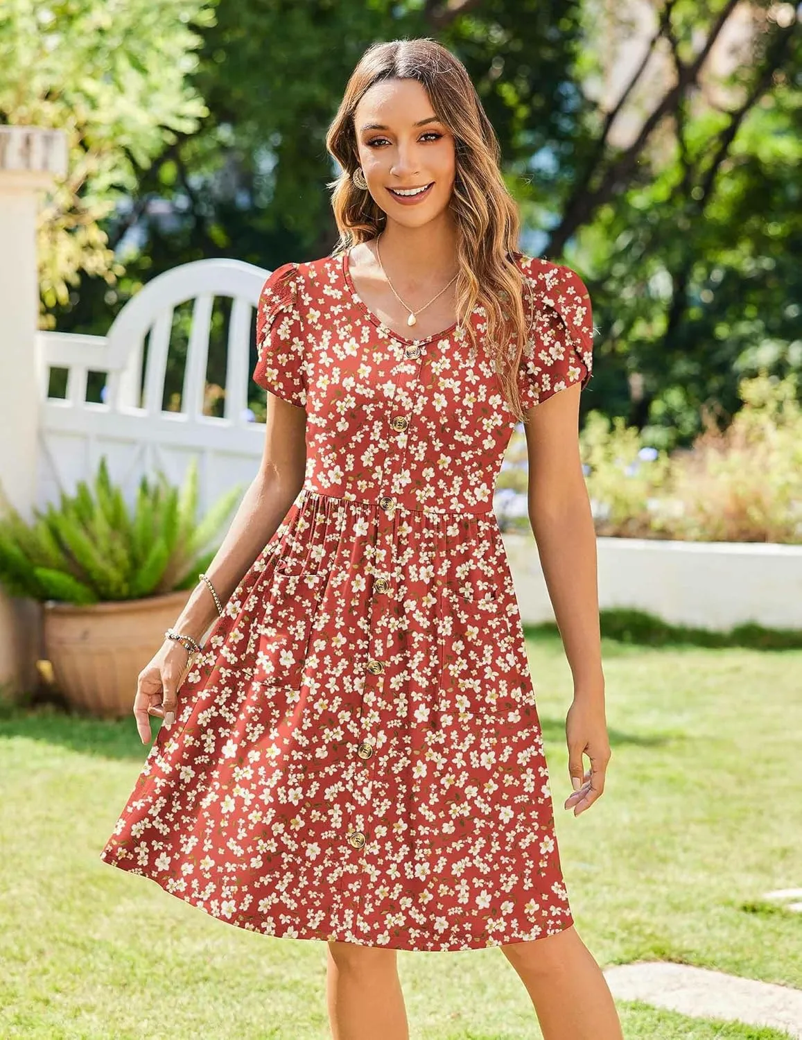 Zeagoo Womens Floral Pleated Button Down Petal Mini Dress