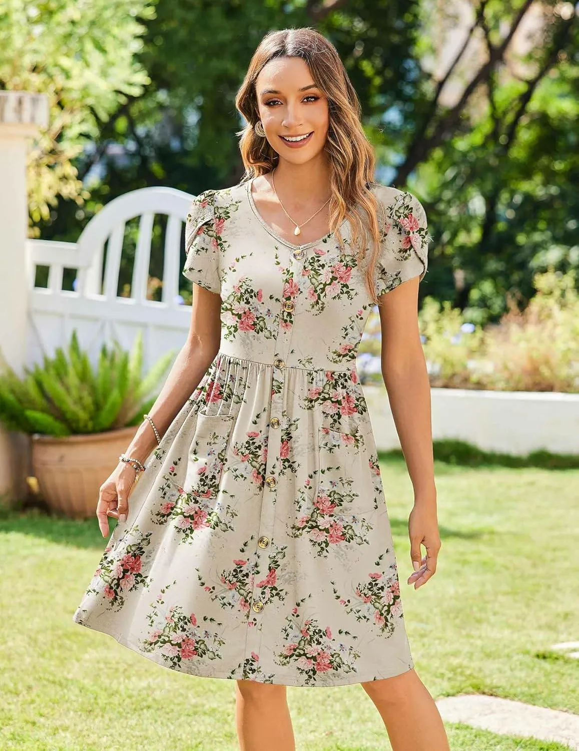 Zeagoo Womens Floral Pleated Button Down Petal Mini Dress
