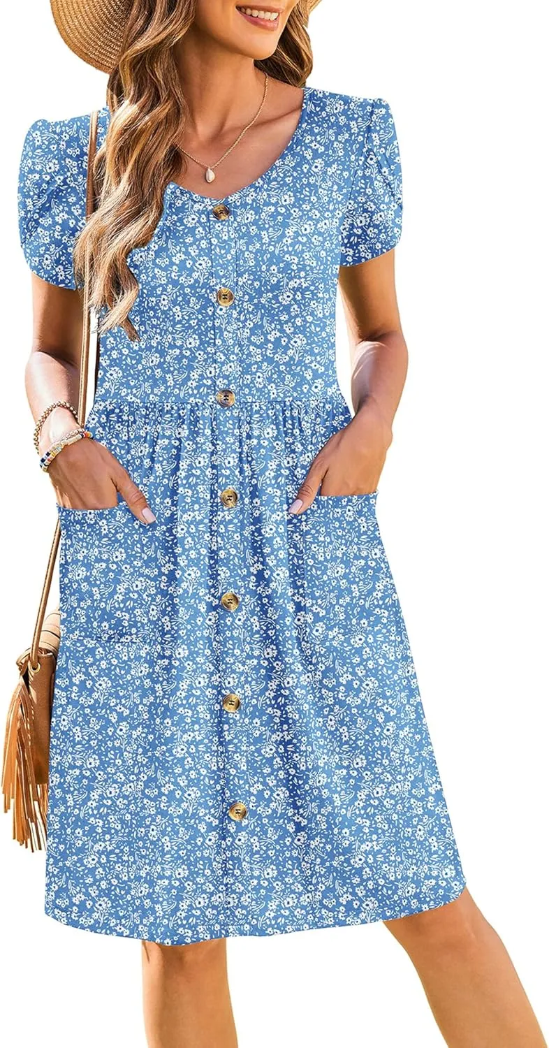 Zeagoo Womens Floral Pleated Button Down Petal Mini Dress
