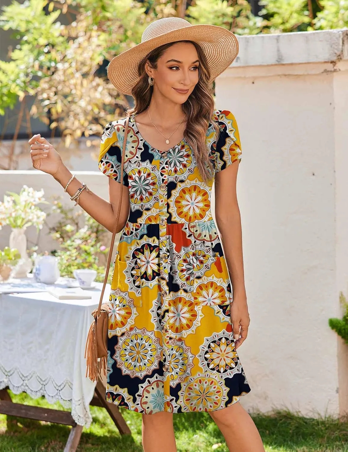 Zeagoo Womens Floral Pleated Button Down Petal Mini Dress