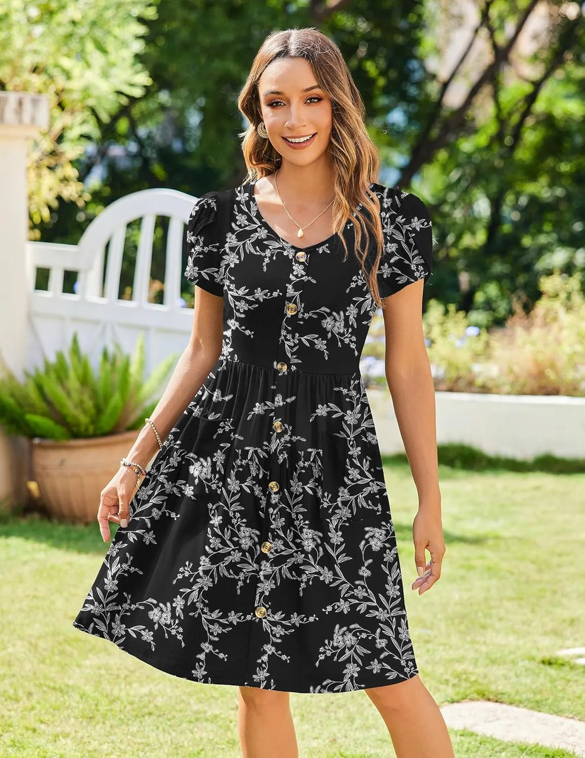 Zeagoo Womens Floral Pleated Button Down Petal Mini Dress