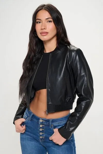 Zip Up Cropped Bomber Jacket in Black