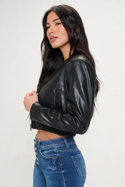 Zip Up Cropped Bomber Jacket in Black