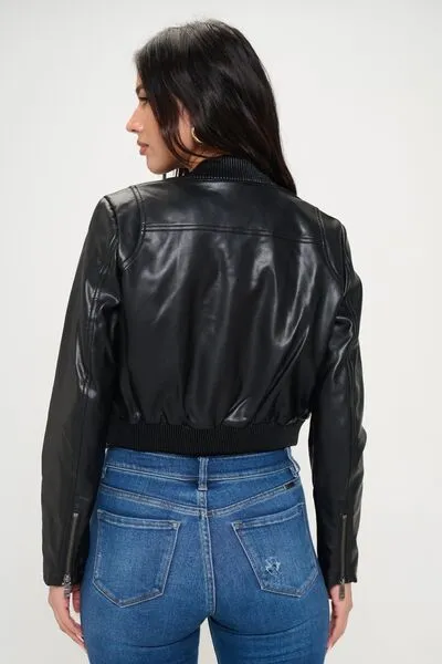 Zip Up Cropped Bomber Jacket in Black