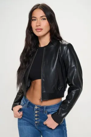 Zip Up Cropped Bomber Jacket in Black